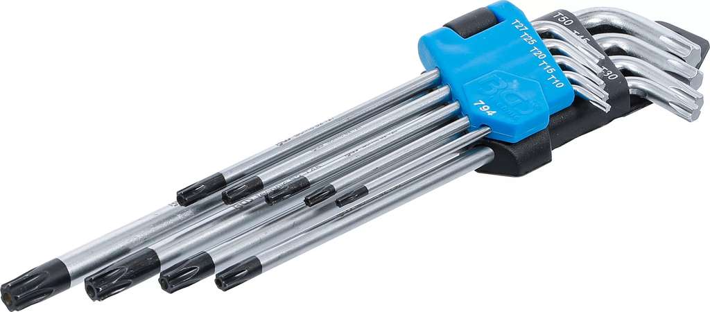 Sada zahnutých klíčů | velmi dlouhé, T-profil (pro Torx) s otvorem T10–T50,  BGS 794