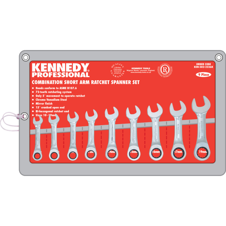 Sada očkoplochých ráčnových klíčů krátkých 9-dílna 10-19mm Kennedy
