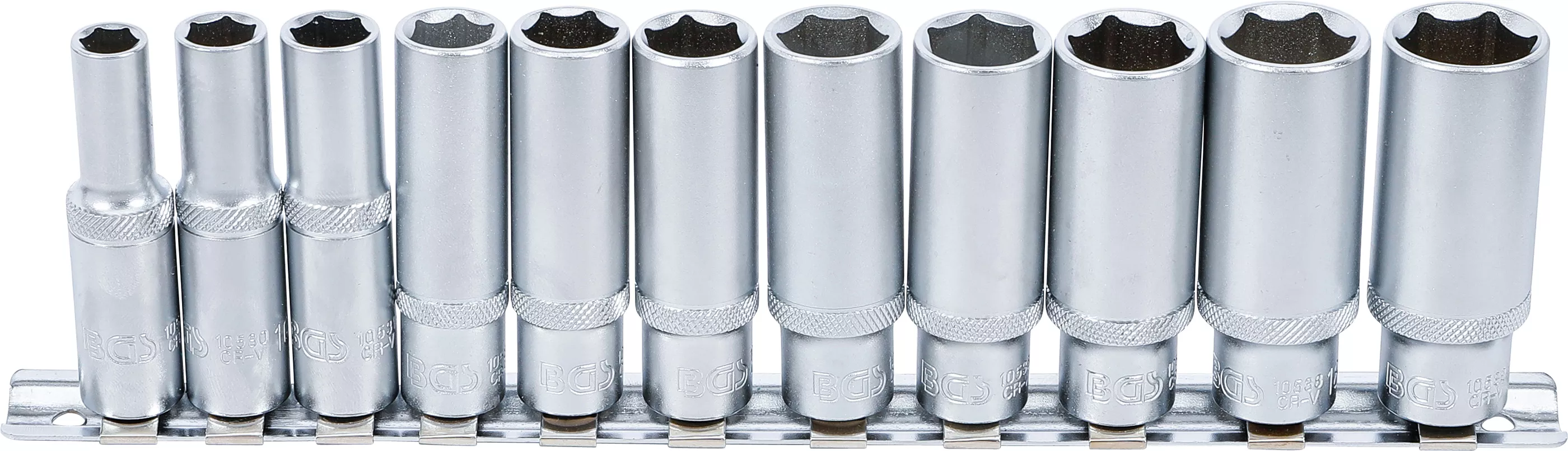 Nástrčné hlavice 3/8" 8 ÷ 19 mm BGS102222, prodloužené, Pro Torque. Sada 11 ks na kolejnici