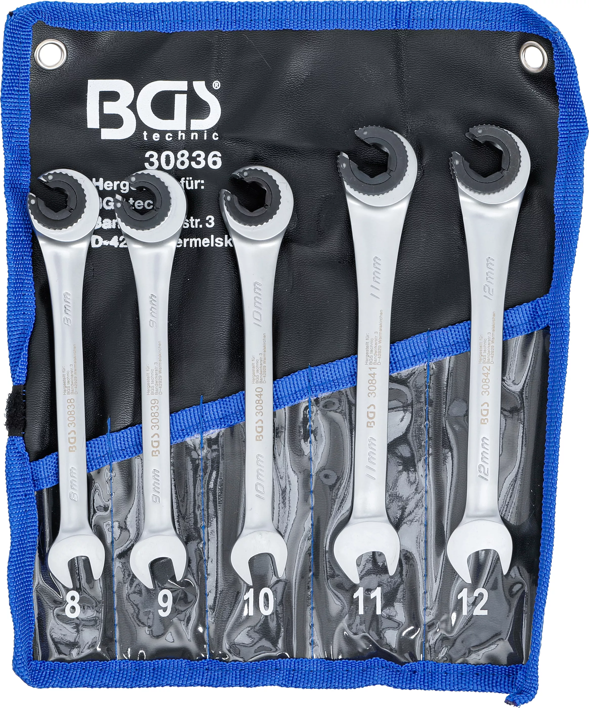 Otevřené očkoploché klíče 8 ÷ 12 mm s ráčnou BGS1030836. Sada 5 dílů v tašce