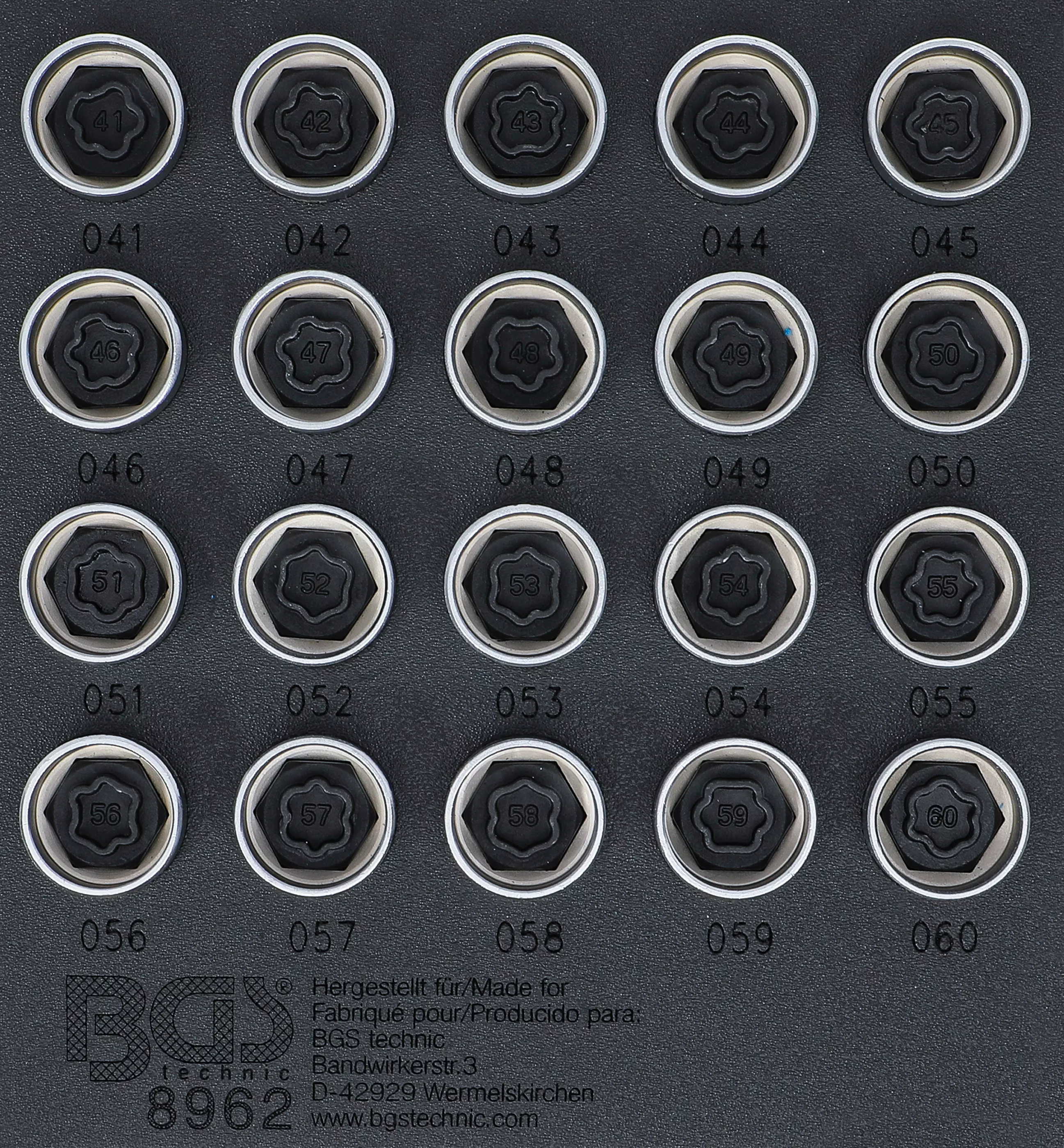Nářaďový modul 1/6 - BGS108962 Zástrčné hlavice 1/2" pro bezpečnostní šrouby kol BMW (Sada 20 dílů)