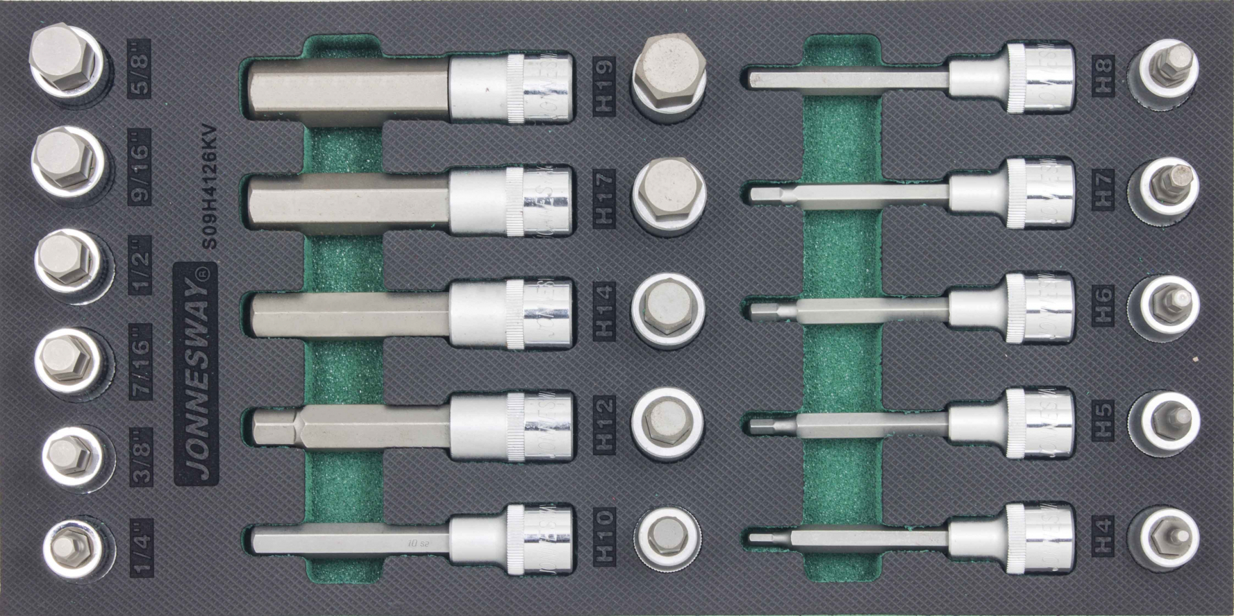 Modul pěnový - zástrčné hlavice Imbus 1/2", metrické a palcové, 26 ks JONNESWAY