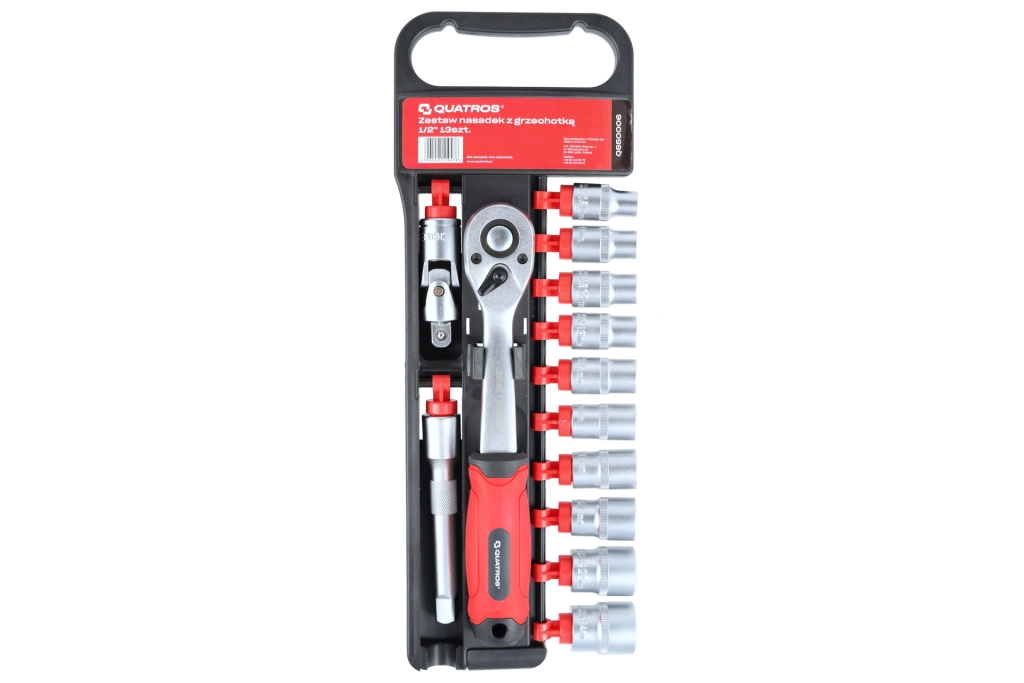 Sada nástrčných hlavic 10-24 mm, 1/2" s ráčnou a prodloužením, 13 ks - QUATROS QS50006 