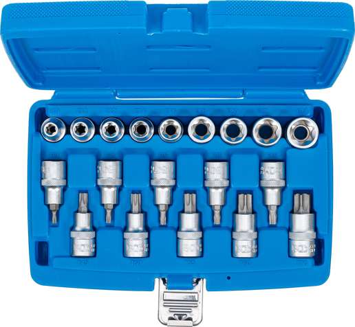 Hlavice nástrčné pro T a E - profil 1/2". Sada 16 ks v kazetě, BGS 5100
